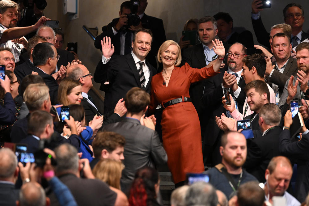 Prime Minister Liz Truss with husband Hugh O'Leary following her keynote speech on the final day of the Conservative Party Conference in Birmingham, U.K., on Oct. 5.