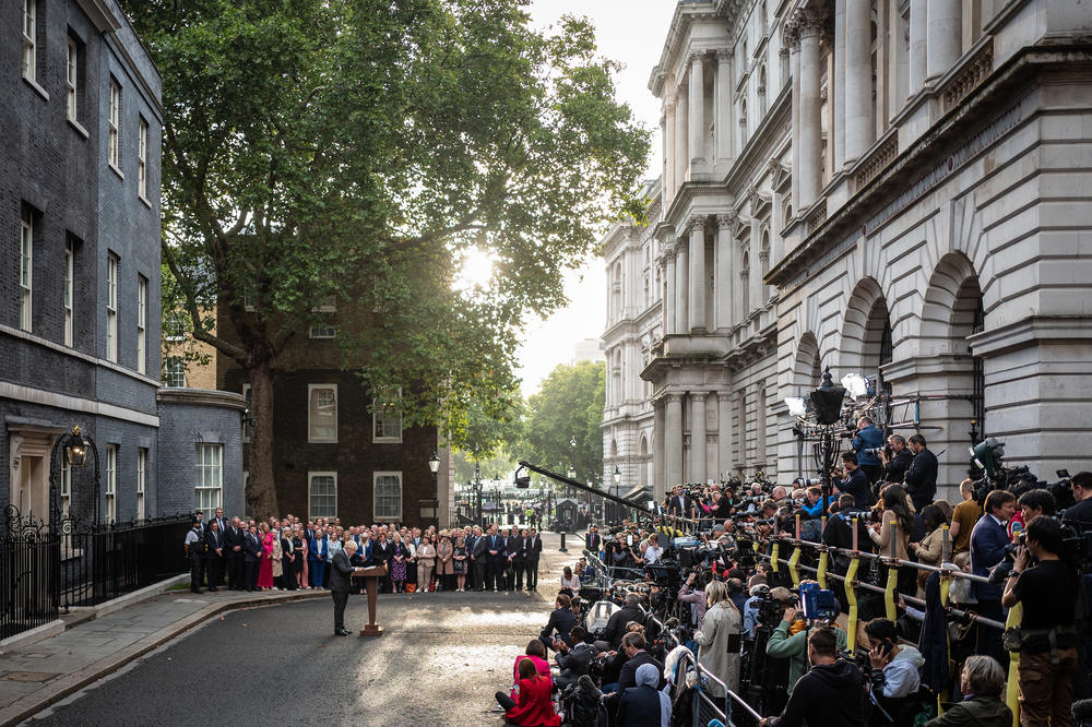 British Prime Minister Boris Johnson delivers a farewell address before his official resignation at Downing Street in London on Sept. 6.