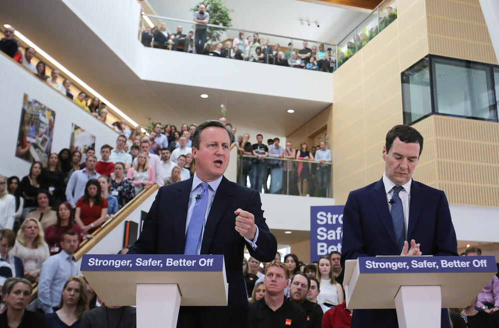 Prime Minister David Cameron and Chancellor of the Exchequer George Osborne deliver a speech on the potential economic impact to the U.K. of leaving the EU, at a B&Q Store Support Office, on May 23, 2016, in Chandler's Ford, England.