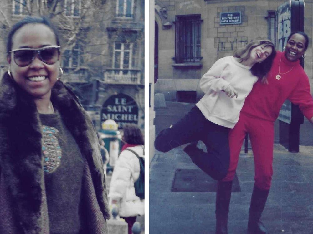 Renee Pringle, pictured on a reporting trip to Paris in early 1989 (she can be seen hoisting reporter Renee Montagne up in the photo at right). The longtime NPR audio engineer died on Oct. 16.
