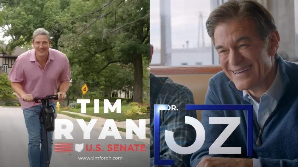 Screenshots of political ads running on YouTube for midterm Senate candidates Tim Ryan (left) and Mehmet Oz.