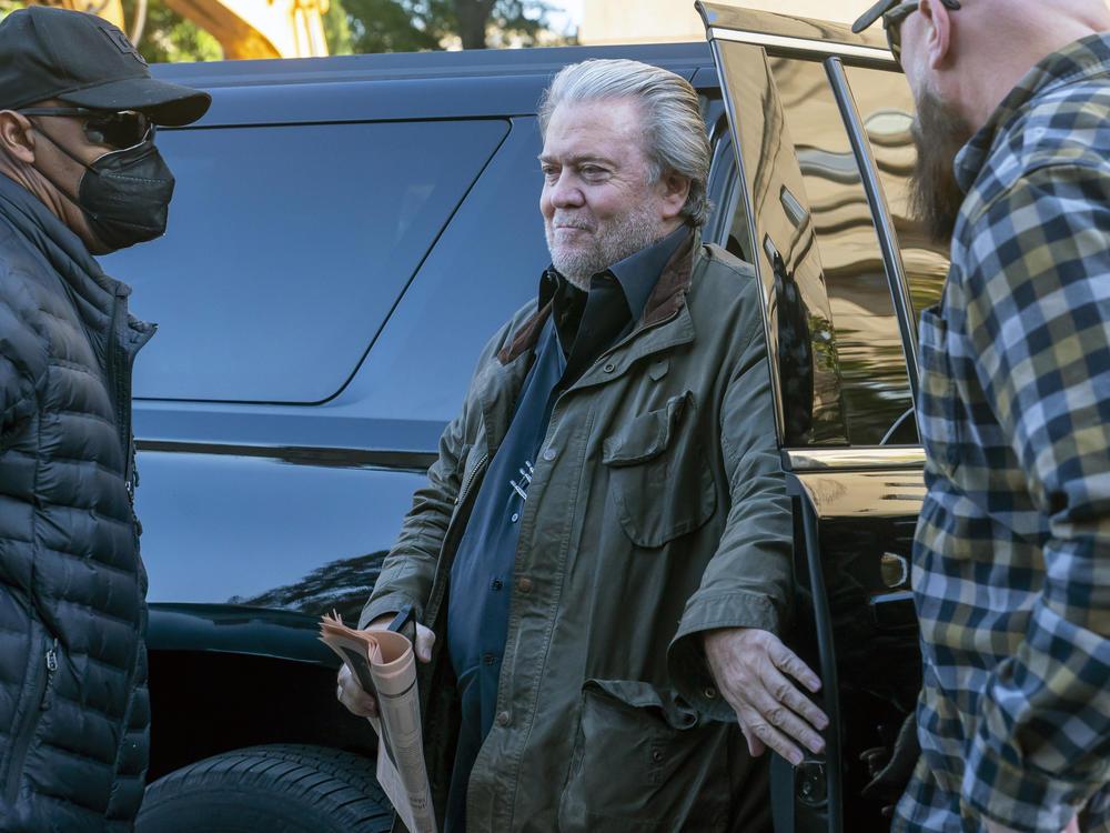 Steve Bannon, a longtime ally of former President Donald Trump who was convicted of contempt of Congress, arrives at federal court for a sentencing hearing on Friday.