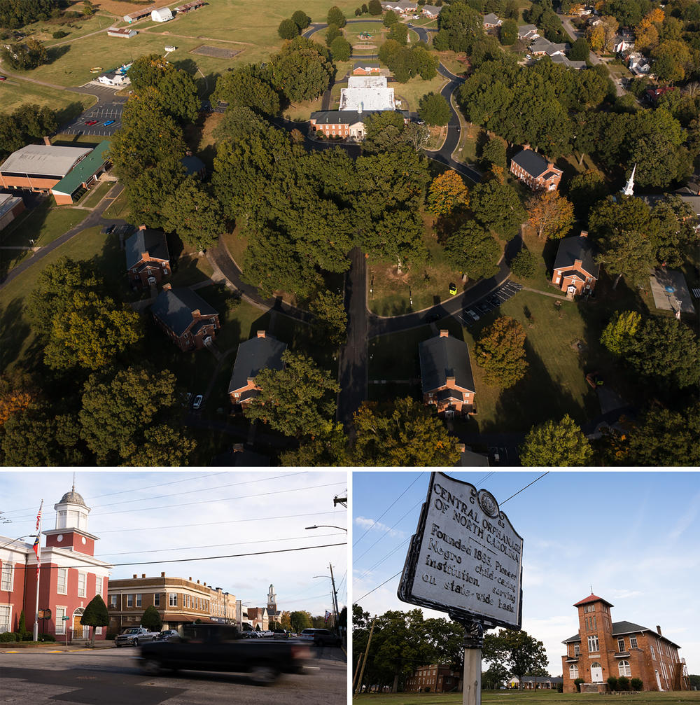 <strong>Top</strong>: The Masonic Home for Children, known as the white orphanage, in Oxford, N.C. <strong>Bottom left</strong>: A view of downtown Oxford near Main Street. <strong>Bottom right</strong>: The Central Children's Home of North Carolina in Oxford.