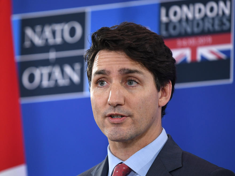 Canadian Prime Minister Justin Trudeau speaks at the NATO summit in Hertford, England, on Dec. 4, 2019. On Friday, he announced a national freeze on the sale, purchase, and transfer of handguns.