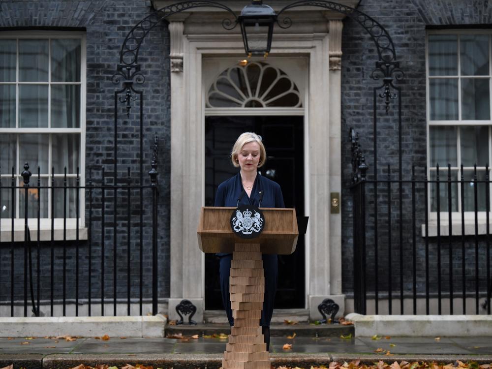 Britain's Prime Minister Liz Truss resigns in a speech outside of 10 Downing Street in central London on October 20, 2022.