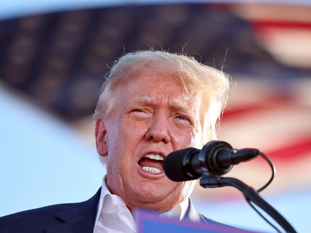 Former President Donald Trump speaks at a campaign rally at Legacy Sports USA on Oct. 9, in Mesa, Ariz.