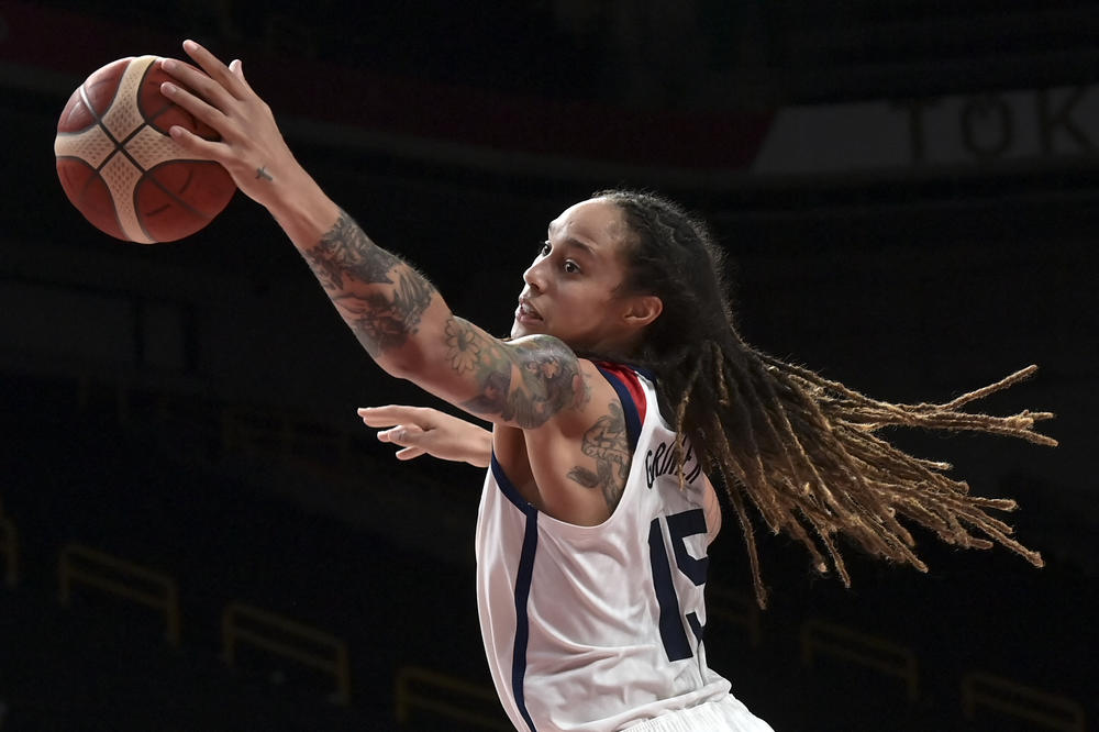 Brittney Griner vies for the ball in the women's final basketball match between the U.S. and Japan during the Tokyo 2020 Olympic Games in August 2021.