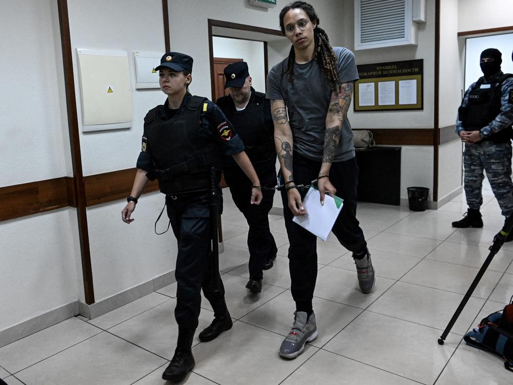 Women's National Basketball Association player Brittney Griner leaves the courtroom after the verdict in Khimki, outside Moscow, on Aug. 4. A Russian court found Griner guilty of smuggling and storing narcotics.