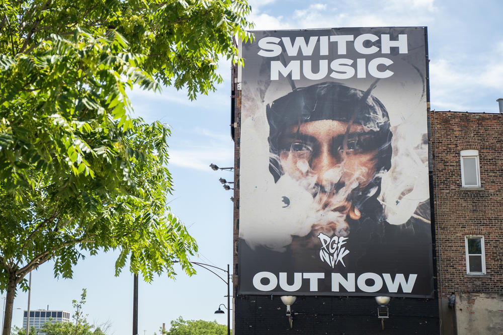 A billboard for rapper PGF Nuk's latest album, titled <em>Switch Music</em>, in the Bridgeport neighborhood of Chicago this summer.