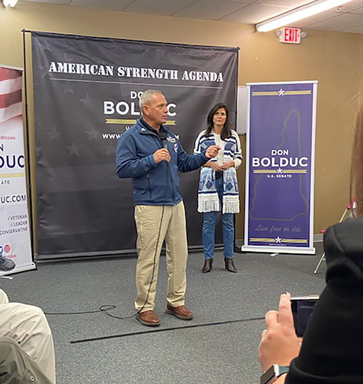 GOP candidate Don Bolduc campaigns with former U.N. Ambassador Nikki Haley last week in Rochester, N.H.