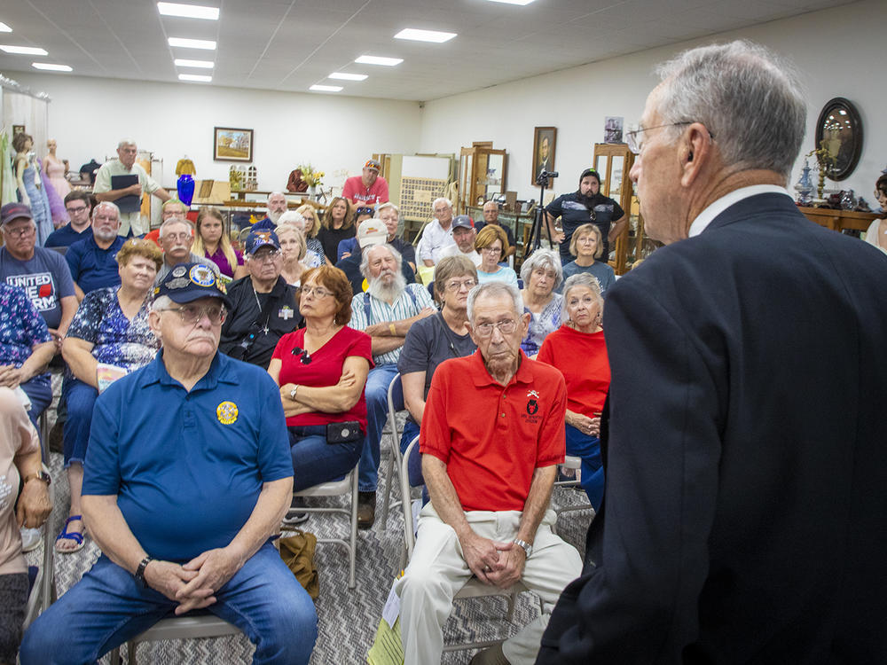Iowa Republican Sen. Chuck Grassley takes questions from residents in the small southwestern Iowa town of Bedford on Aug. 30.