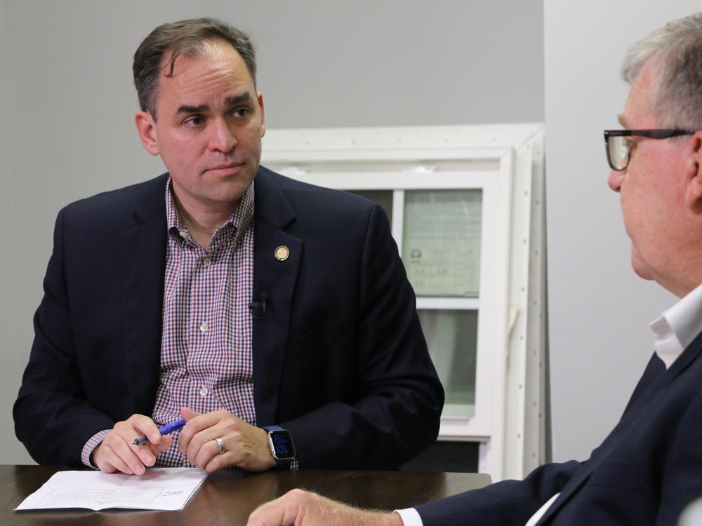 North Carolina congressional candidate Wiley Nickel, a Democratic state senator, hosts a roundtable discussion with affordable housing experts in Raleigh on Oct. 3.