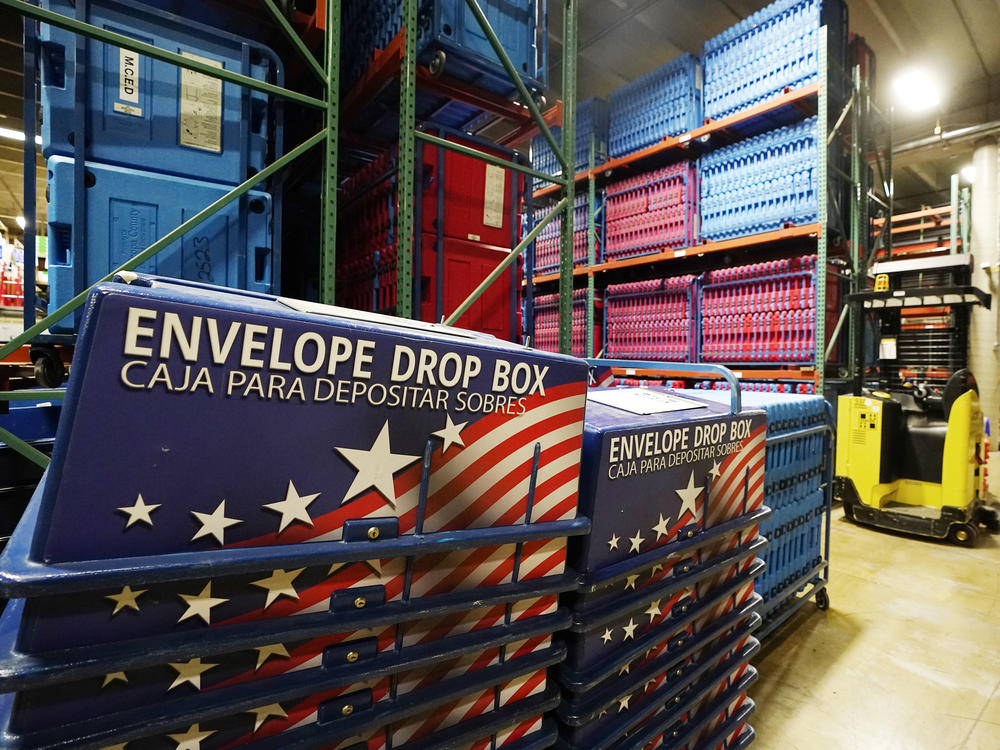 The warehouse at the Maricopa County Elections Department is seen on Sept. 8. The Maricopa sheriff says he's stepped up security around ballot drop boxes after a series of incidents involving people keeping watch on the boxes.