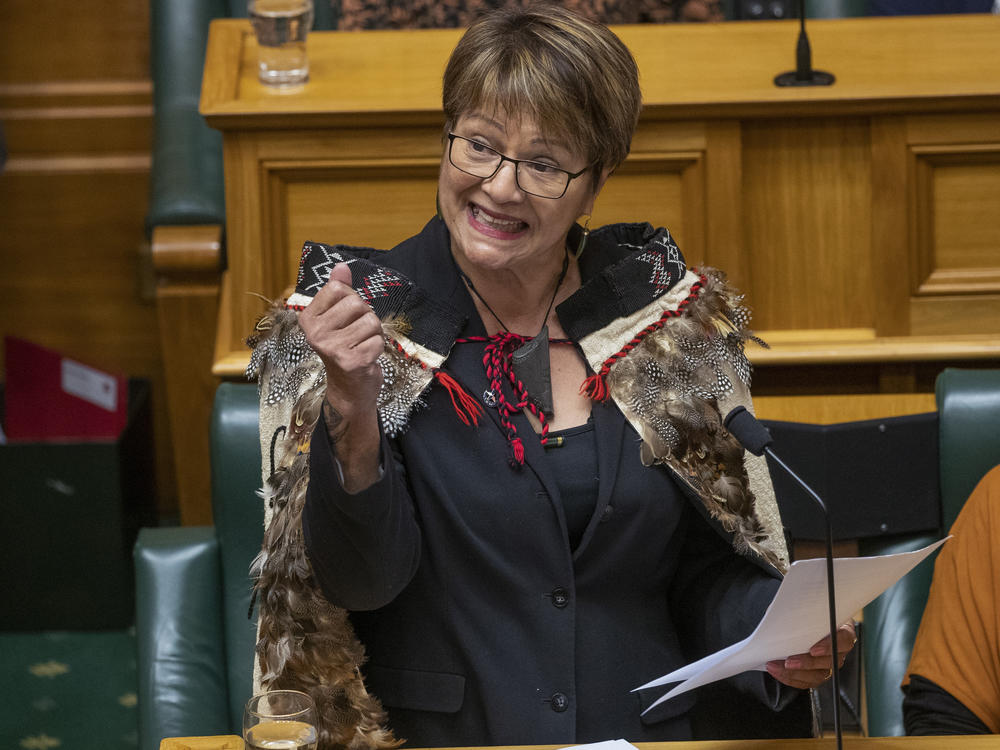 New Labour MP Soraya Peke-Mason gestures during her maiden speech at Parliament in Wellington, New Zealand, Tuesday, Oct. 25, 2022.