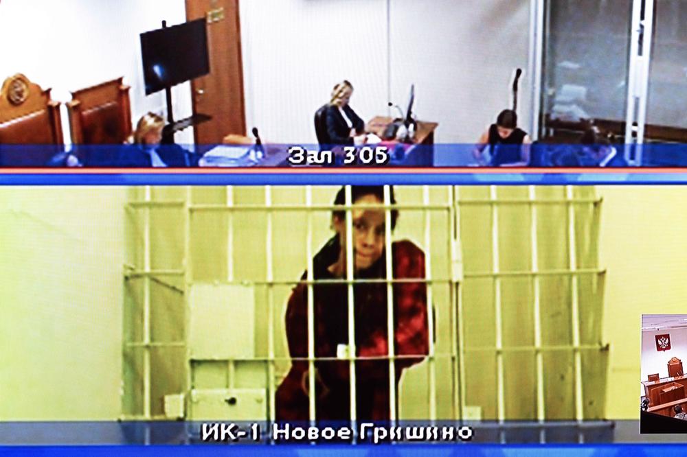 Brittney Griner is seen on a screen via a video link from a remand prison during Tuesday's Moscow court hearing where her appeal was denied.