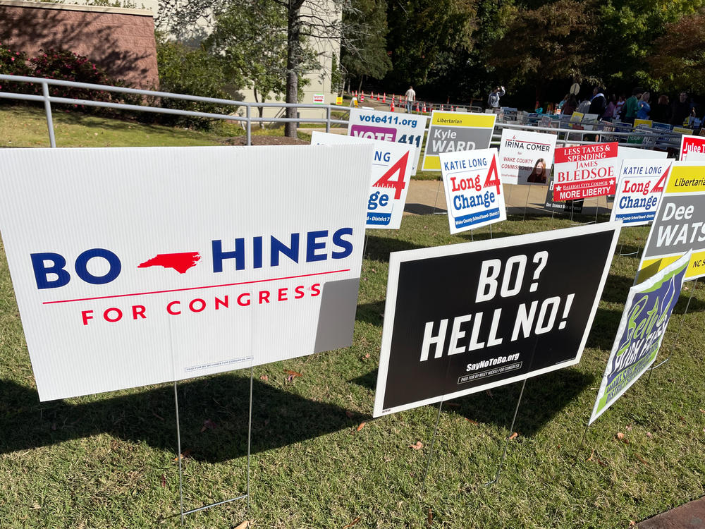 Election signs in Cary, N.C., a suburb of Raleigh that is part of a new congressional district in the state — an open seat that's a competitive race.