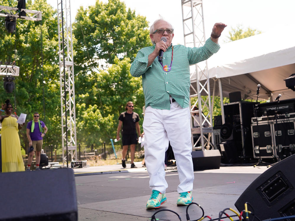 Grand Marshal Leslie Jordan addresses the crowd during day 1 of Nashville Pride 2022 on June 25, 2022 in Nashville, Tenn.