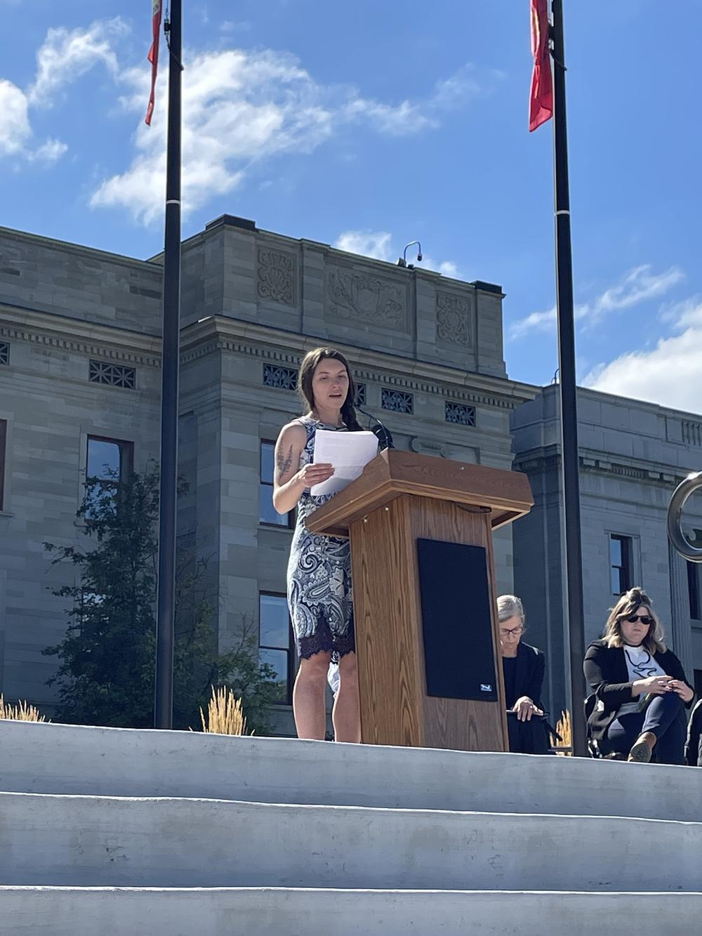 Lea Bossler speaks at an event at the Capitol in September organized by the opposition group Compassion for Montana Families.
