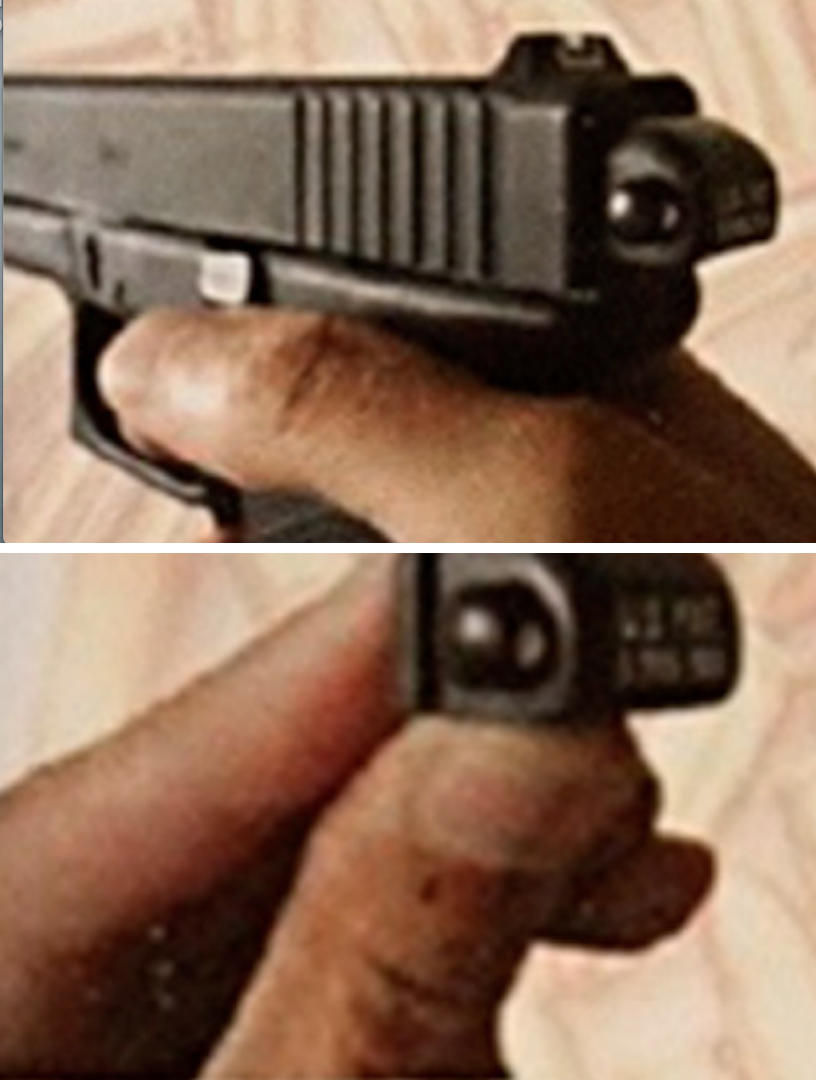 In the top image, the attached switch can be seen extending slightly from the back of the handgun. The bottom photo shows just how small a switch is.