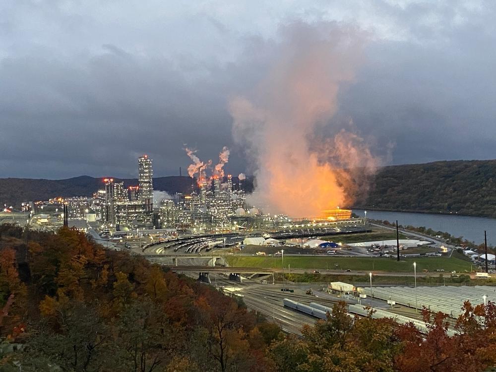 The recently opened Pennsylvania Petrochemicals Complex as viewed from a residential street in Monaca, Pa. The facility, also called a cracker plant, converts natural gas into plastic. Local officials hailed the plant's opening as an economic win for the region, but many residents are concerned about air pollution.