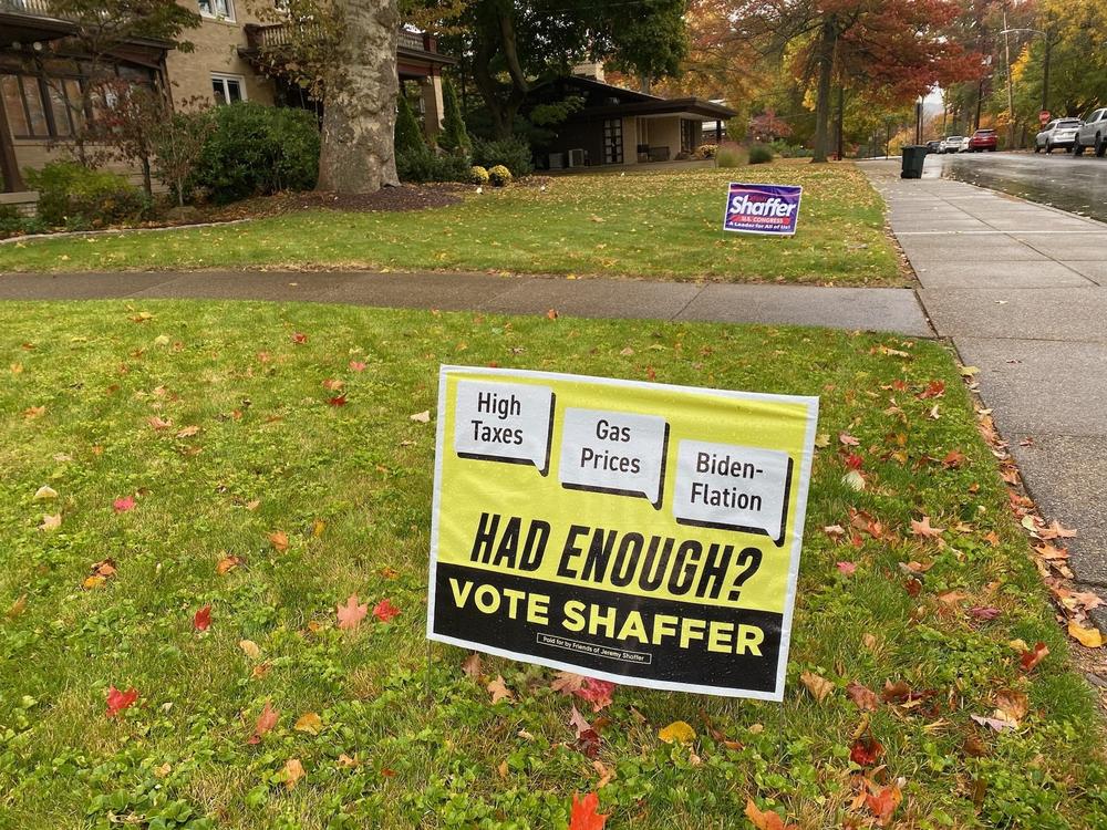 Signs for Republican congressional candidate Jeremy Shaffer are scattered across an affluent neighborhood in Beaver, Pa.