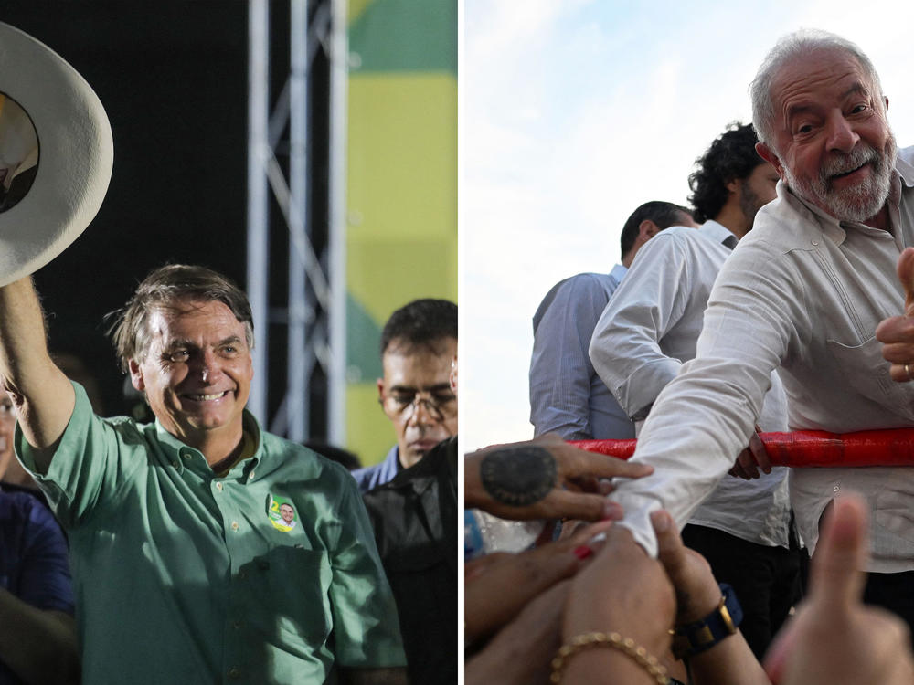 The two candidates in Brazil's presidential elections campaign leading up to a runoff election. Left: President Jair Bolsonaro in Guarulhos on Saturday. Right: Former President Luiz Inácio Lula da Silva in Rio de Janeiro State on Oct. 11.