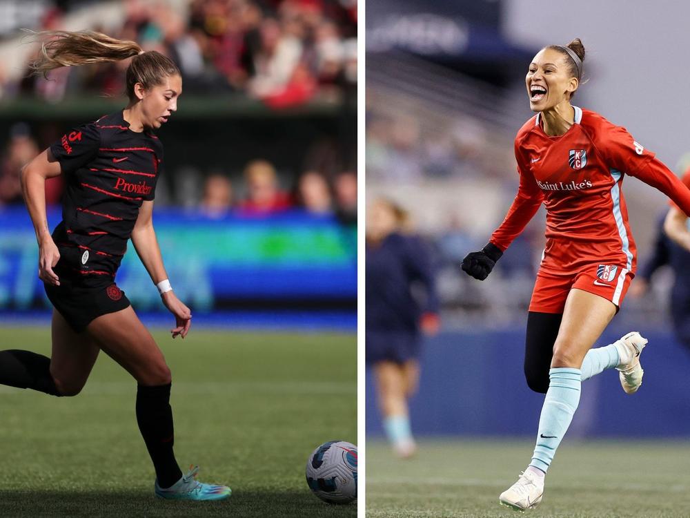 Left: Morgan Weaver of Portland Thorns FC controls the ball during the the NWSL semifinal against San Diego Wave on October 23, 2022 in Portland, Oregon. Right: Kristen Edmonds of Kansas City Current celebrates after beating OL Reign in a NWSL semifinal match on October 23, 2022 in Seattle. Portland and Kansas City play for the championship Saturday night.