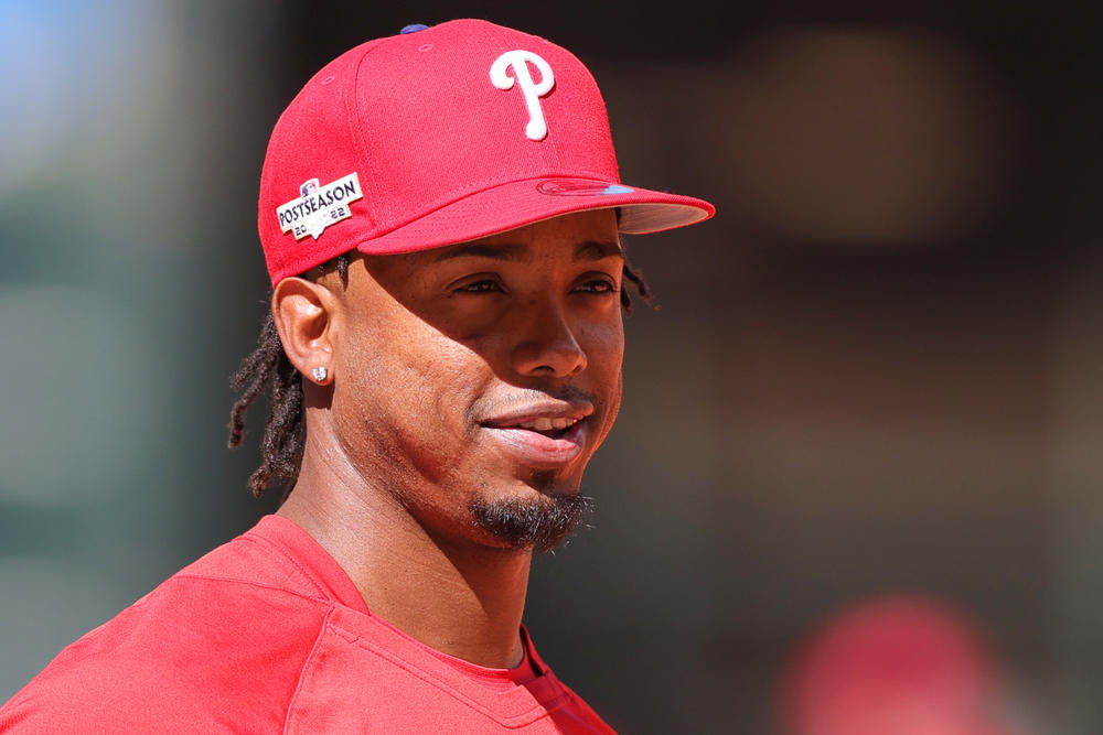 Jean Segura of the Philadelphia Phillies participates in the World Series workout day on Thursday.