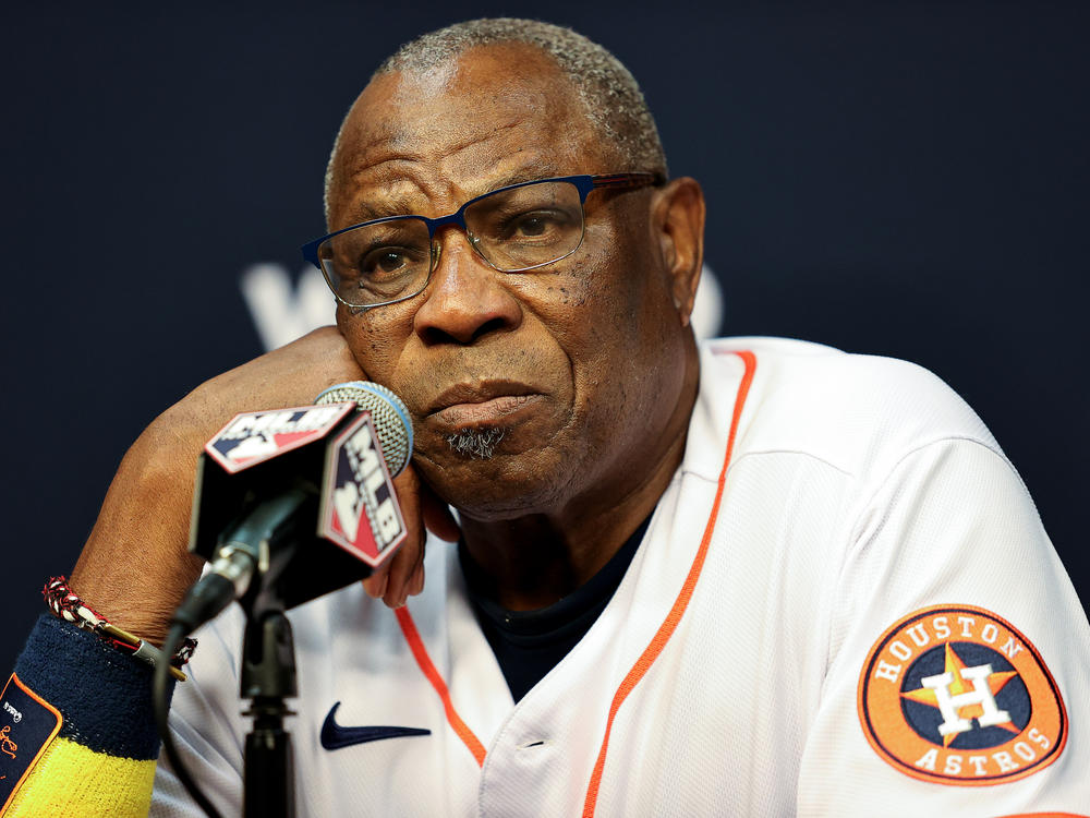 Manager Dusty Baker of the Houston Astros speaks during a press conference ahead of Game One of the World Series.