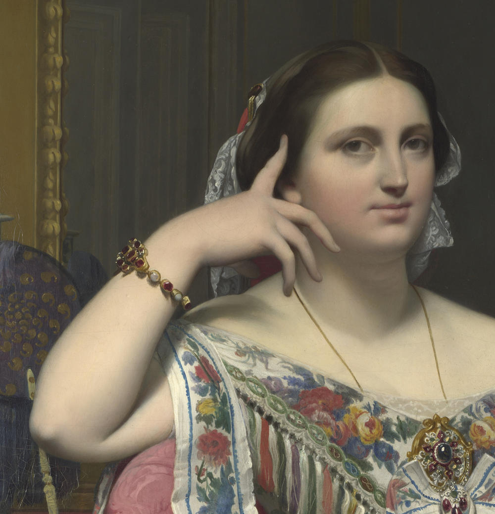 A detail view of <em>Madame Moitessier,</em> 1856, Jean-Auguste-Dominique Ingres, oil on canvas, The National Gallery, London