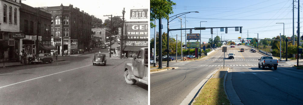 Left: Central Street and Vine Avenue, pictured in 1949, was the heart of the Black business district in Knoxville, Tenn., with grocers, pool halls, a YMCA, and the Gem Theatre, where Billie Holiday played. Right: Today a tangle of freeways stands where Knoxville's Black business district once thrived.