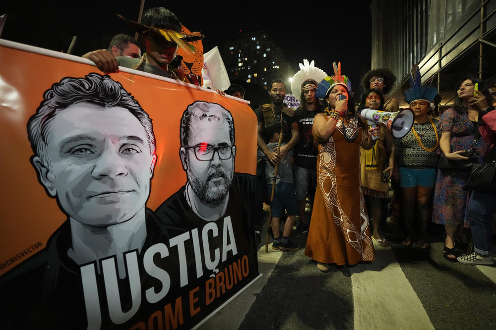 Guarani Indigenous people and human rights activists protest demanding that the Supreme Court define the demarcation of Indigenous lands and asking for justice for the deaths of British journalist Dom Phillips and Indigenous expert Bruno Pereira, in São Paulo on June 23.