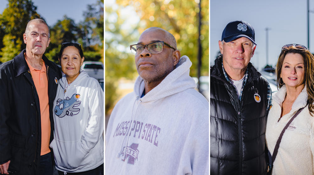 From left to right: Jose Berrizbeitia and Lillian Pinot are photographed after voting at a polling location at the Elections and Voter Registration Office in Cumming, Ga.; Richard Johnson is photographed outside of a polling place at the Alpharettta Branch Library in Alpharetta, Ga.; and Darrell and Velvet Sheets are photographed after voting in Cumming.