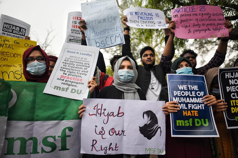 Members of the All India Muslim Students Federation protest against the Karnataka state government's hijab ban in schools, at Delhi University on Feb. 8.