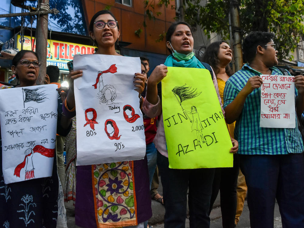 Student organizations demonstrate in Kolkata on Oct. 20, protesting in response to the death of Mahsa Amini in police custody in Iran.