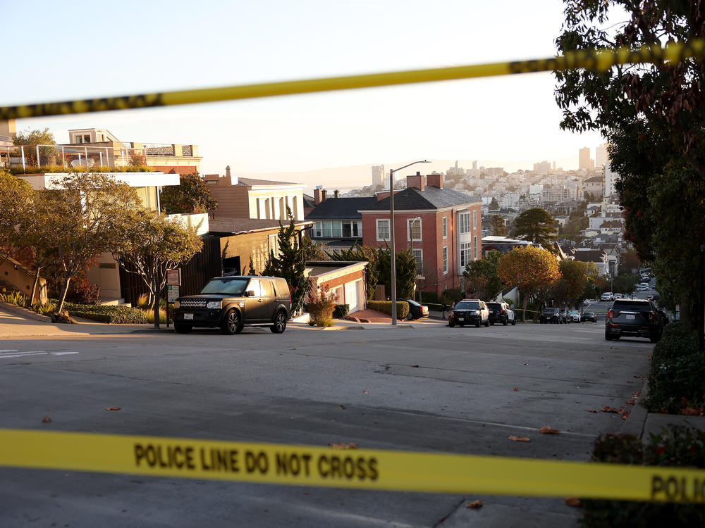 Police tape is seen in front of the home of House Speaker Nancy Pelosi on Friday in San Francisco. Pelosi's husband, Paul, was violently attacked in their home by an intruder.