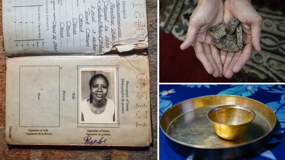 Clockwise from left: A Liberian woman's passport; incense stones from Yemen; a ceremonial cup and plate from an Indian village.