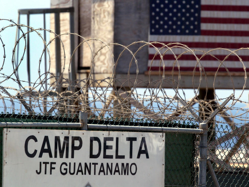 The entrance to Camp Delta where detainees from the U.S. war in Afghanistan live is shown April 7, 2004, in Guantánamo Bay, Cuba.