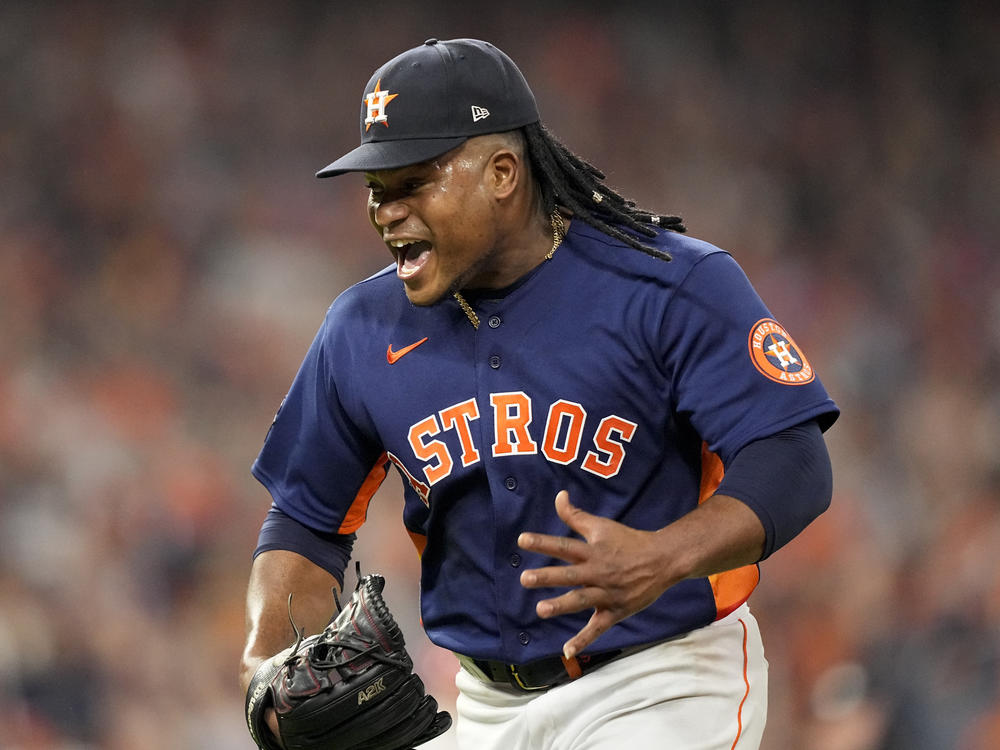 Houston Astros starting pitcher Framber Valdez celebrates a double play to end the top of the sixth inning in Game 2 of the World Series between the Houston Astros and the Philadelphia Phillies on Saturday. The Astros won the game, 5-2, and tied the series.