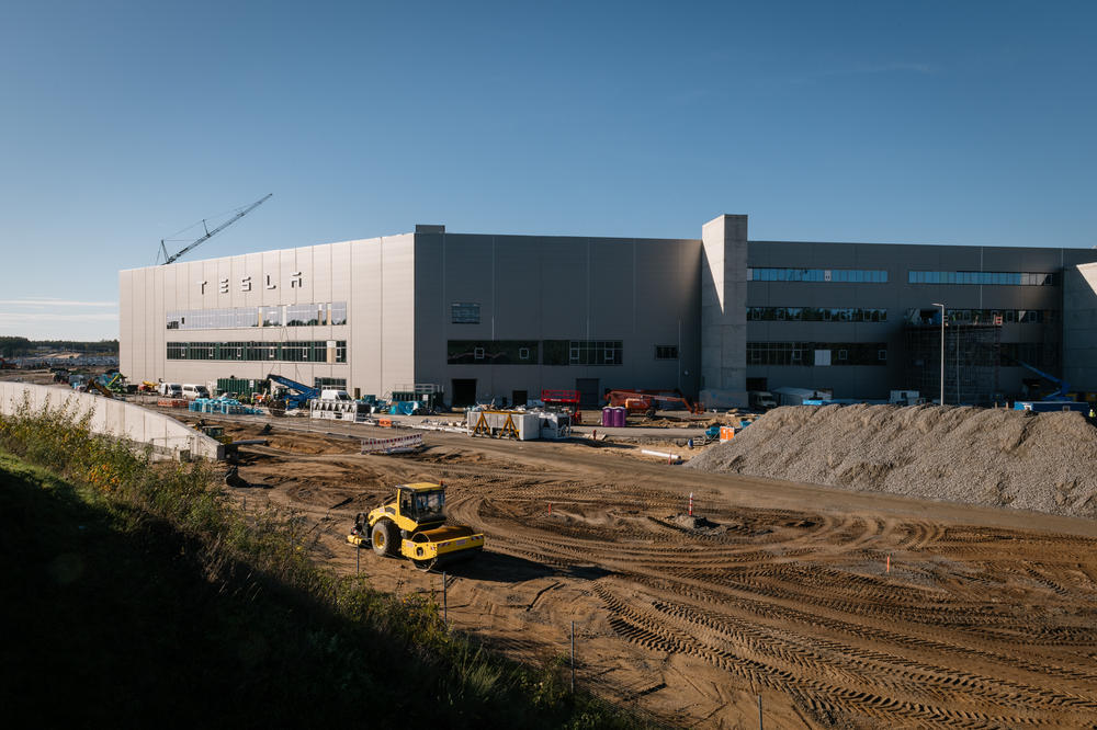 The Tesla factory in Gruenheide, about 20 miles southeast of Berlin in the state of Brandenburg, on Oct. 26. Tesla opened the factory — its first in Germany — earlier this year in an area characterized by its forests and small lakes. The company has already started clearing trees for an expansion, pending approval from regulators.