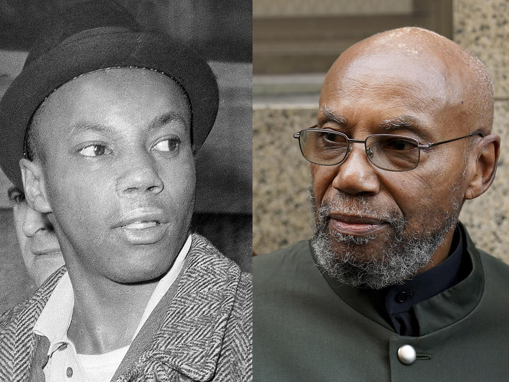This combination photo shows Muhammad Aziz, a suspect in the slaying of Malcolm X, after his arrest, in New York, on Feb. 26, 1965, left, and Aziz outside court after his conviction in the killing of Malcolm X was vacated on Nov. 18, 2021, in New York.