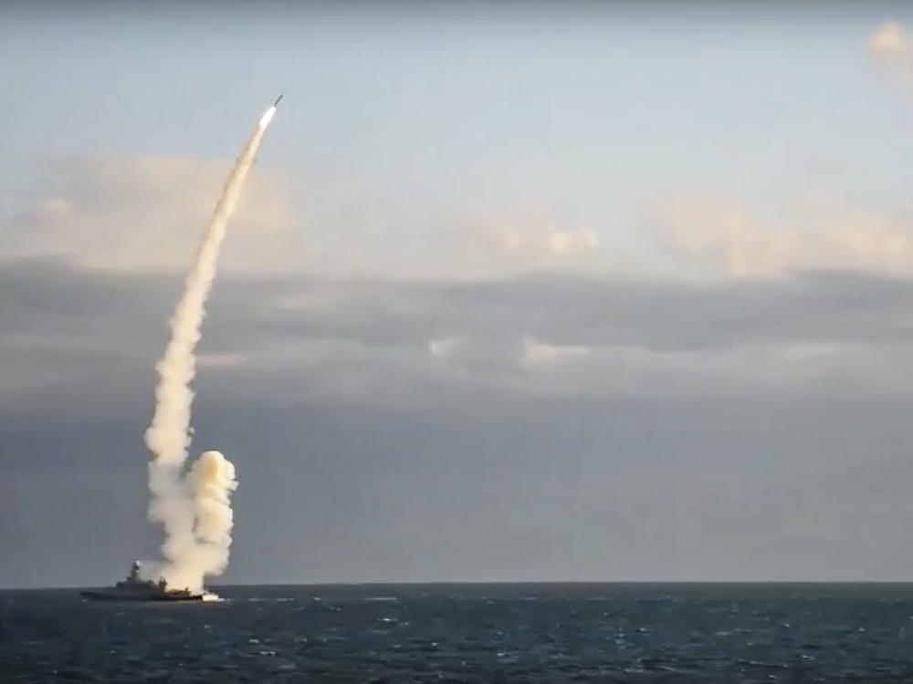 A Russian warship launches a cruise missile at a target in Ukraine on Monday. A massive barrage of Russian strikes hit critical infrastructure in Kyiv, Kharkiv and other Ukrainian cities on Monday morning, knocking out water and power supplies in apparent retaliation for what Moscow alleged was a Ukrainian attack on its Black Sea Fleet over the weekend.