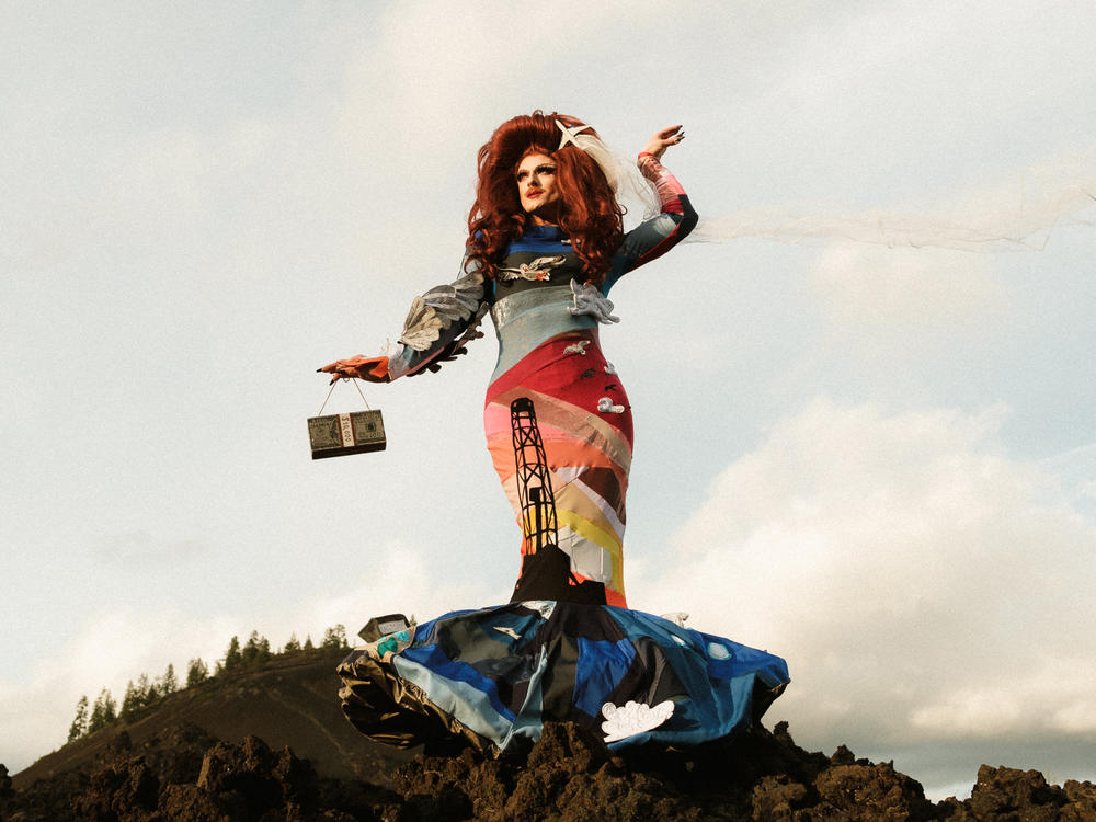 Drag queen Pattie Gonia's dress was made by Zero Waste Daniel, a designer in Brooklyn, N.Y., who focuses on sustainable clothing and accessories.