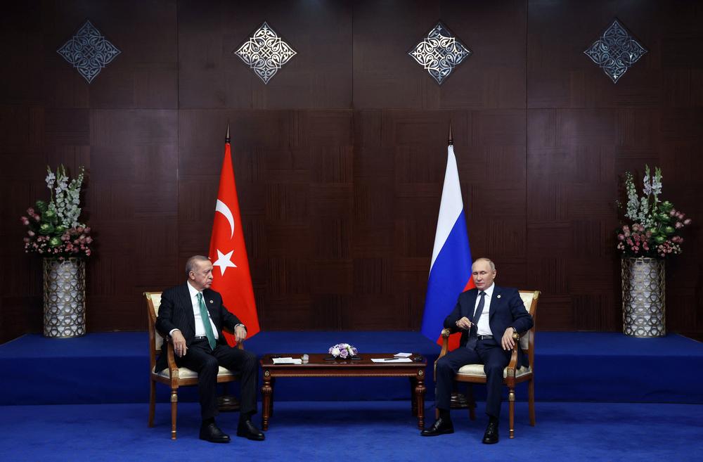 Russian President Vladimir Putin meets with Turkey's President Recep Tayyip Erdogan on the sidelines of a summit in Astana, Kazakhstan, on Oct. 13.