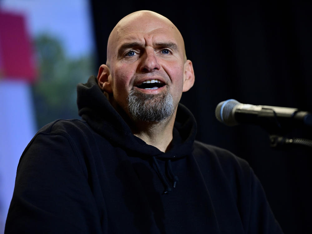Democratic candidate for U.S. Senate John Fetterman holds a rally last month in Wallingford, Pa.