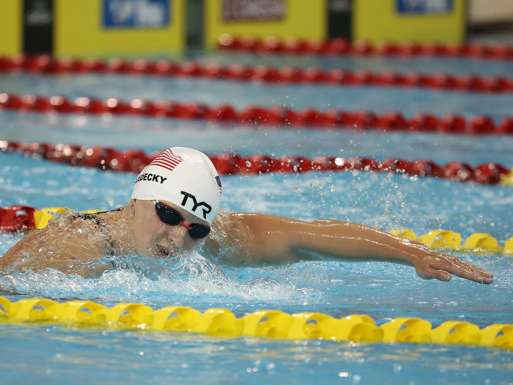 Katie Ledecky wins the 1500 meter freestyle in world record time at the World Cup short course swimming day two finals at the Pan Am Sports Centre in Toronto on Oct. 29.