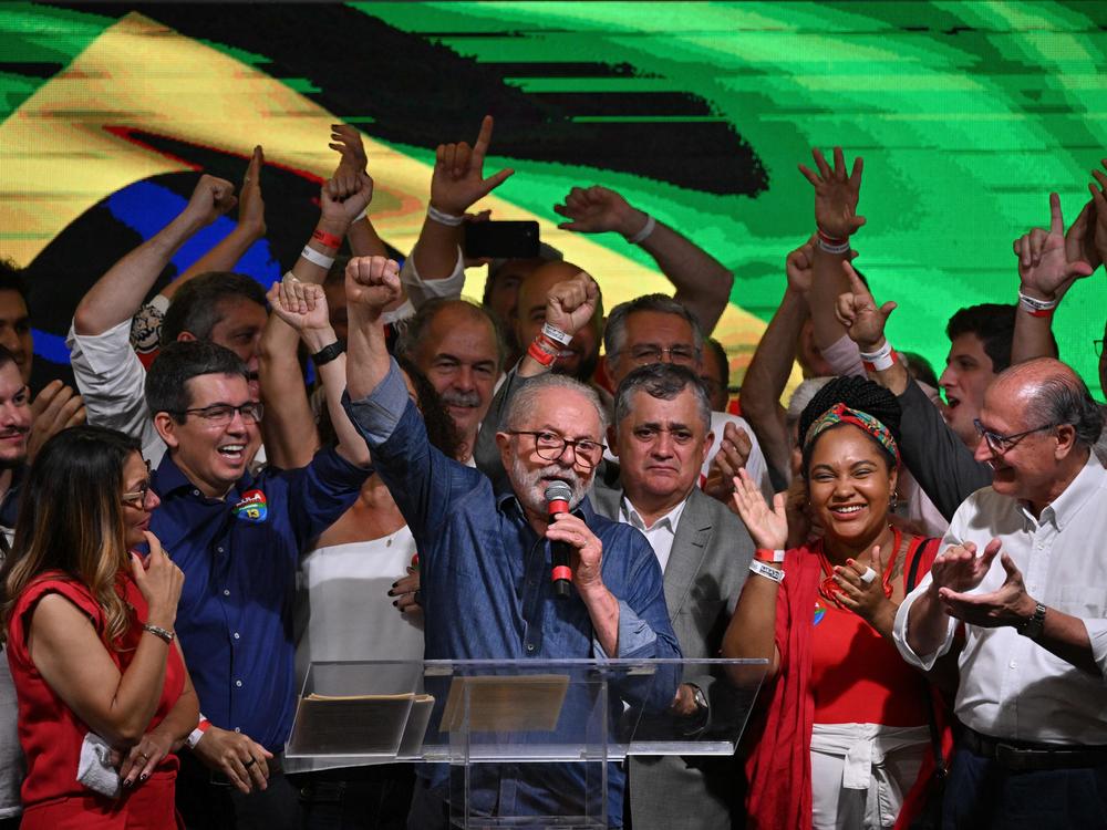 Luiz Inácio Lula da Silva speaks after winning the presidential runoff election in São Paulo on Sunday.