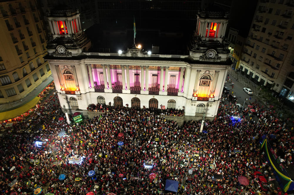 Supporters of newly elected president of Brazil Luiz Inácio Lula da Silva celebrate his victory in the runoff against Jair Bolsonaro in the Cinelandia District in downtown Rio de Janeiro on Sunday.