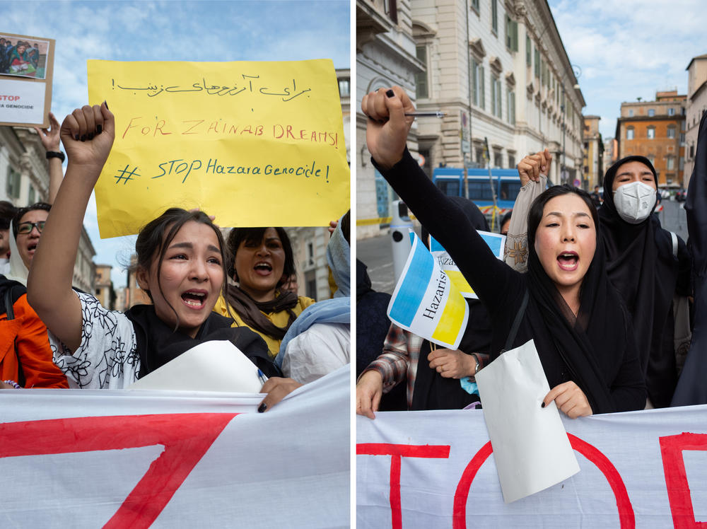 Tears stream down Kamila Mohammadi's (left) face as she shouts 