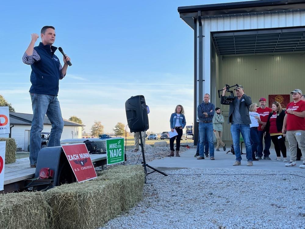 Iowa Republican congressional candidate Zach Nunn speaks at an October campaign event outside Des Moines.
